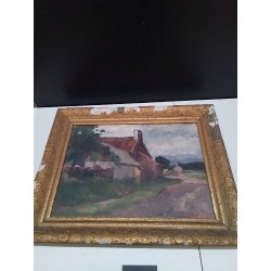 PEINTURE ANCIEN SCENE VILLAGEOIS 