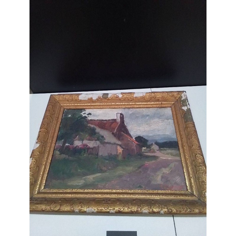 PEINTURE ANCIEN SCENE VILLAGEOIS 