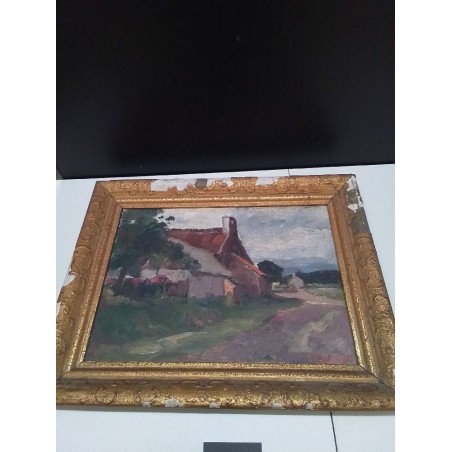 PEINTURE ANCIEN SCENE VILLAGEOIS 