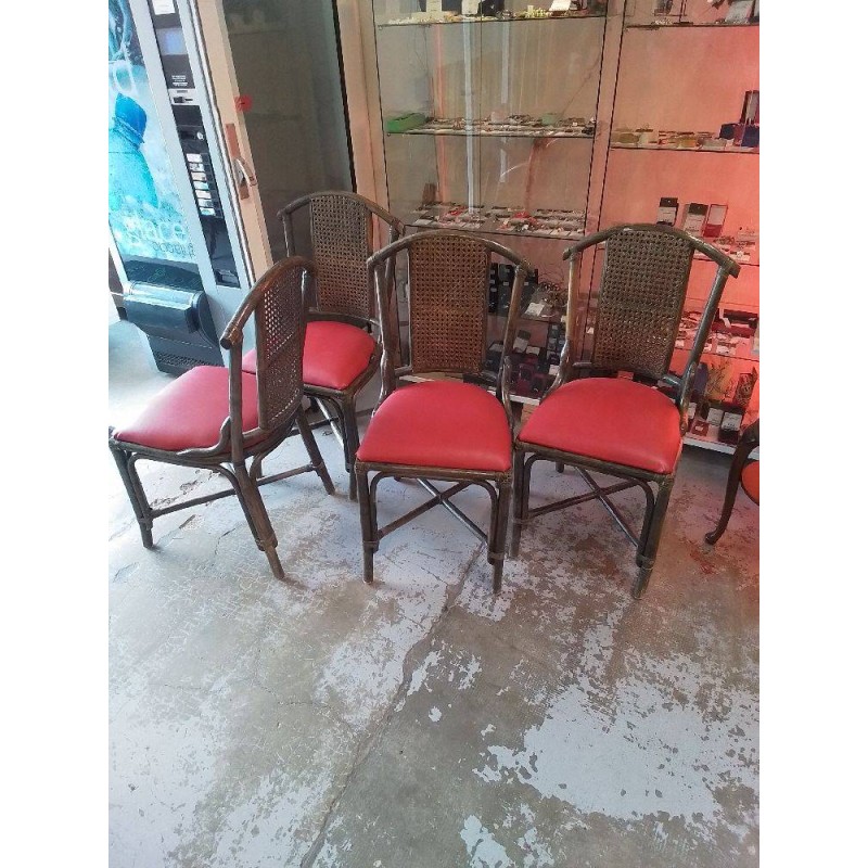 LOT 4 CHAISES CUIR ROUGE ET CANNAGE