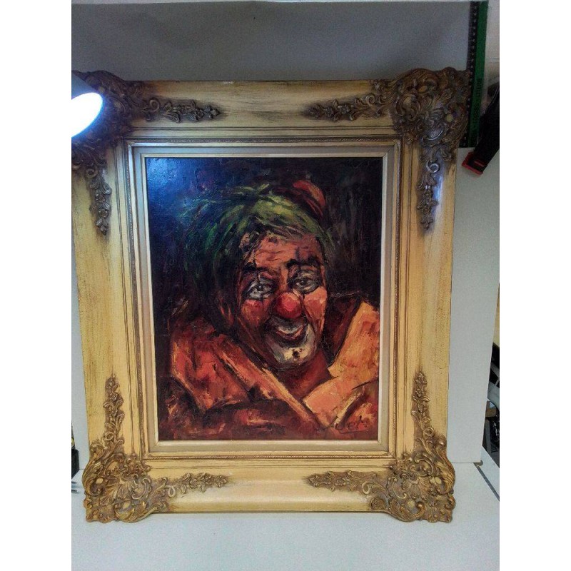 HUILE SUR TOILE SIGNÉE MOTIF CLOWN ENCADREMENT DORÉ 