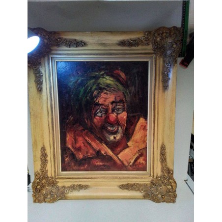 HUILE SUR TOILE SIGNÉE MOTIF CLOWN ENCADREMENT DORÉ 