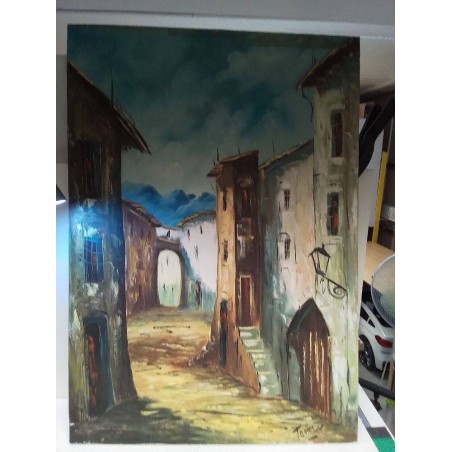HUILE SUR TOILE VILLAGE PITTORESQUE 