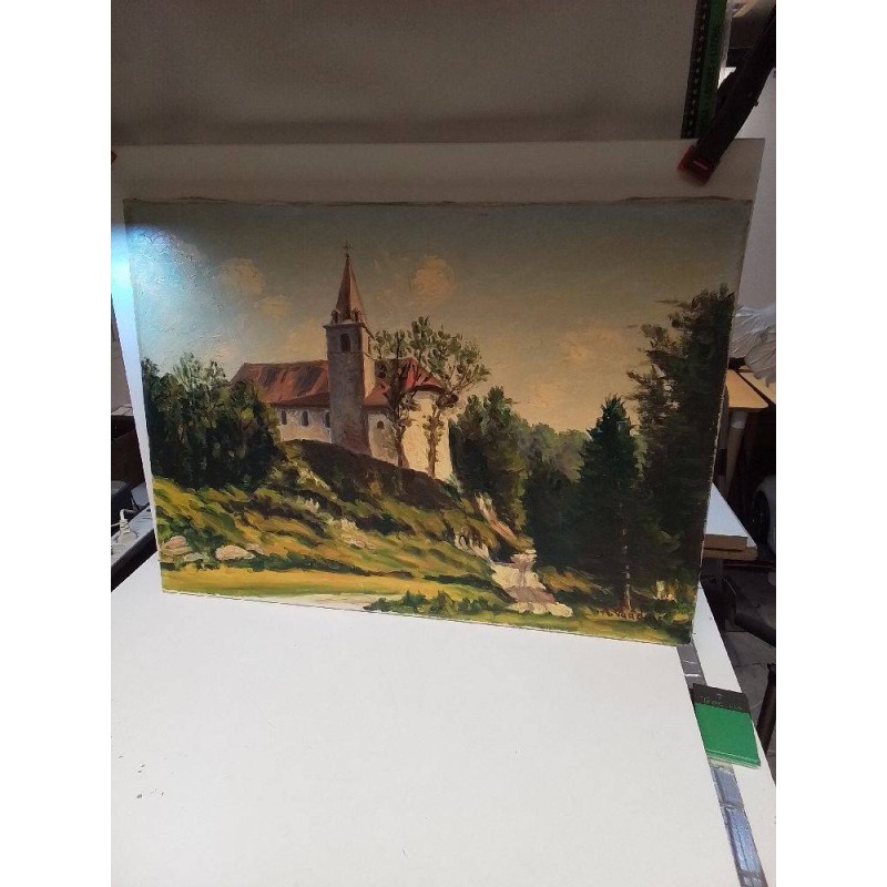 HUILE SUR TOILE THEME EGLISE SIGNÉE 