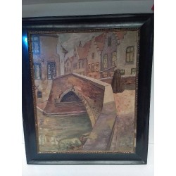 PEINTURE POST IMPRESSIONNISTE DU PONT DU CHEVAL A BRUGES 1923