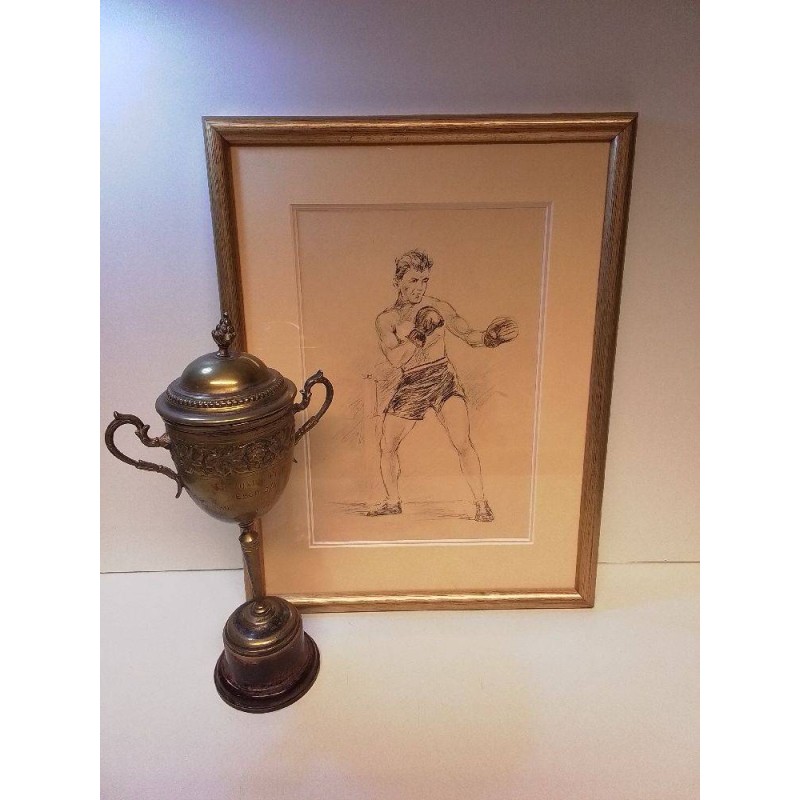 COUPE METAL ET LITHOGRAPHIE BOXEUR LUXEMBOURGEOIS KIEFFER
