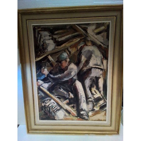 PEINTURE SUR BOIS SIGNÉE MOTIF MINEURS 