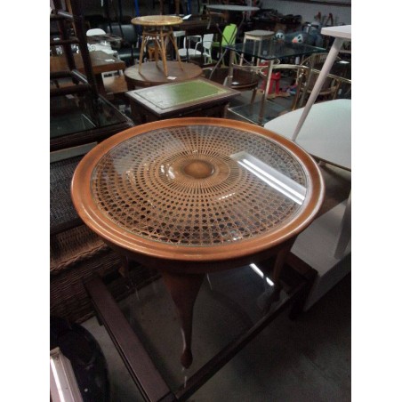 TABLE BASSE EN BOIS AVEC PLATEAU EN VERRE + CANNAGE 