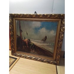 HUILE SUR TOILE SIGNÉE ENCADREMENT DORE THEME MARINE 