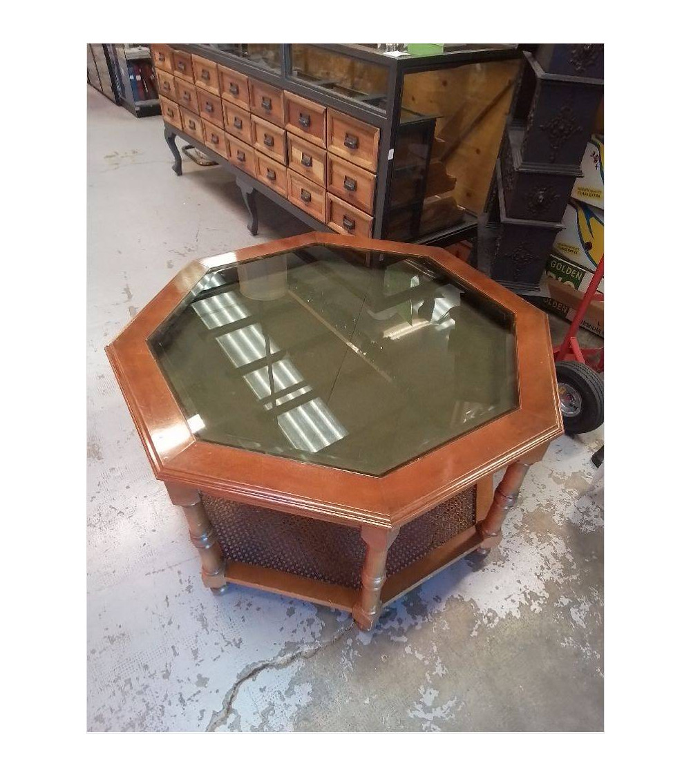 TABLE OCTOGONAL VERRE ET CANNAGE 