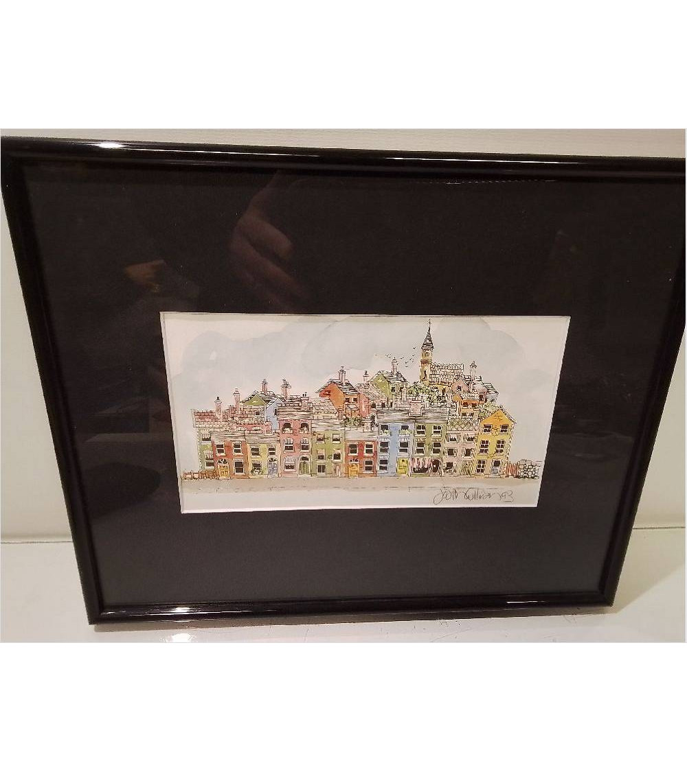 AQUARELLE MAISONS COLORÉES SIGNÉE 