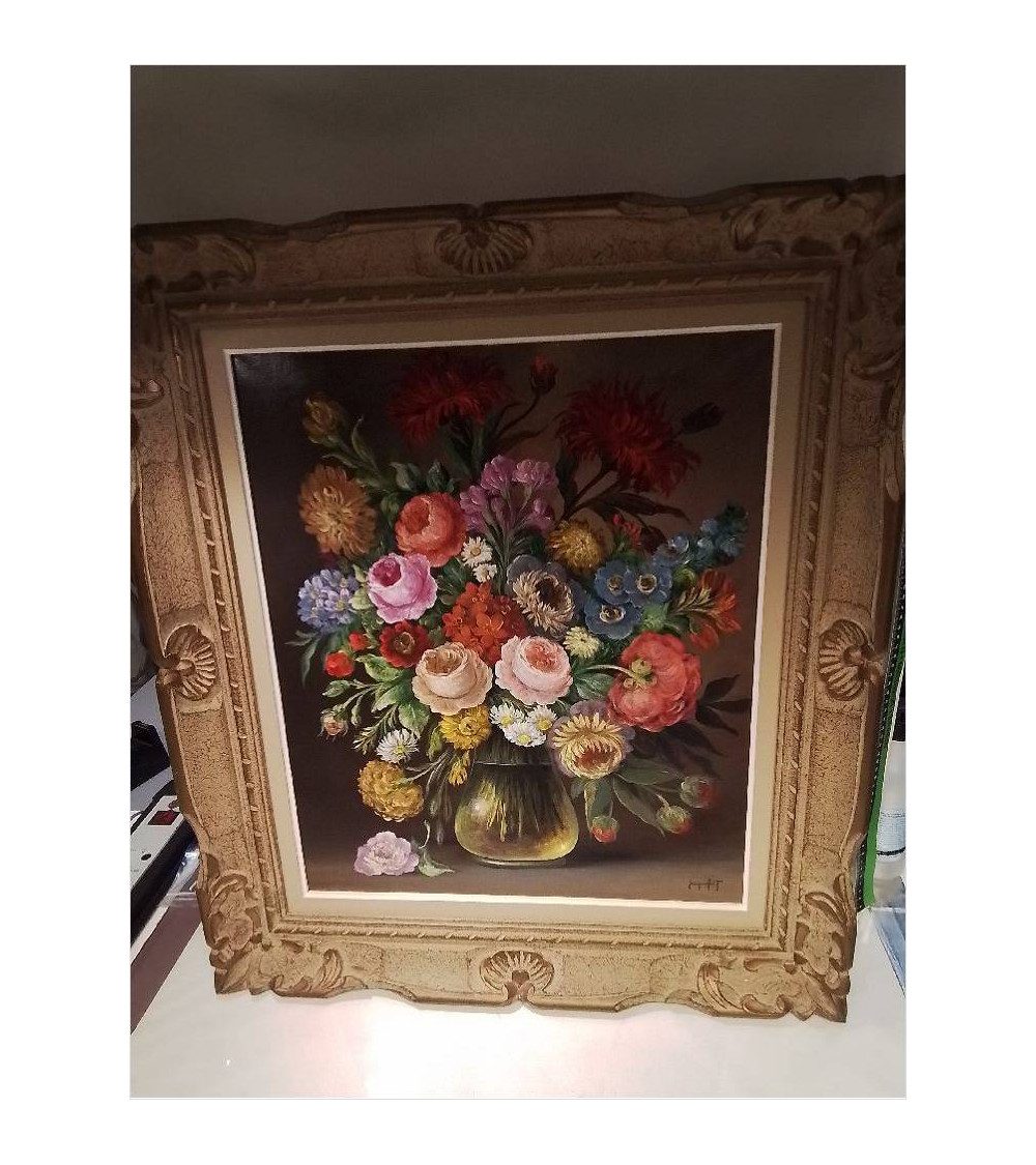 HUILE SUR TOILE FLEURS ROMANTIQUE JACQUES PETIT