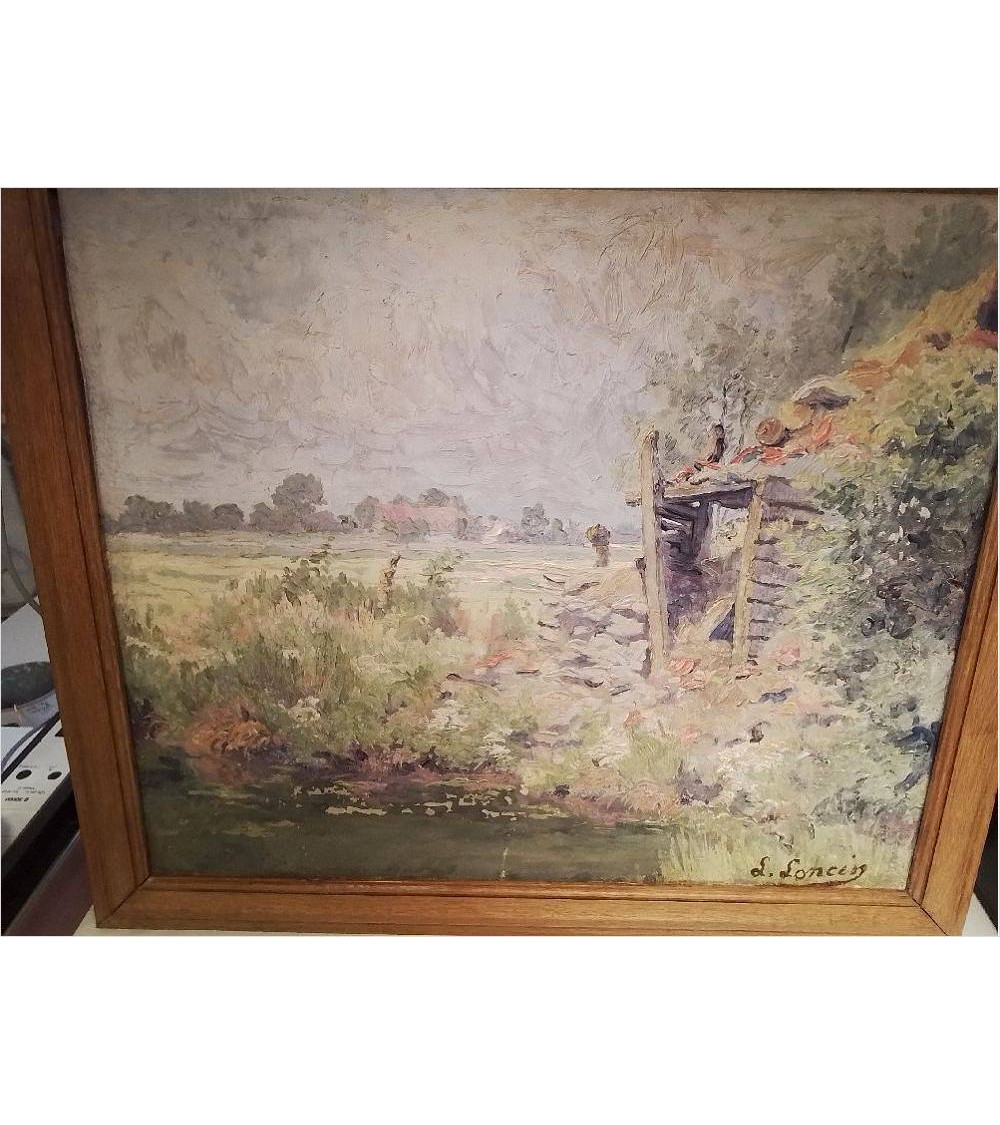 HUILE SUR TOILE ANCIENNE CABANE SIGNEE LOUIS LONCIN EN L’ETAT