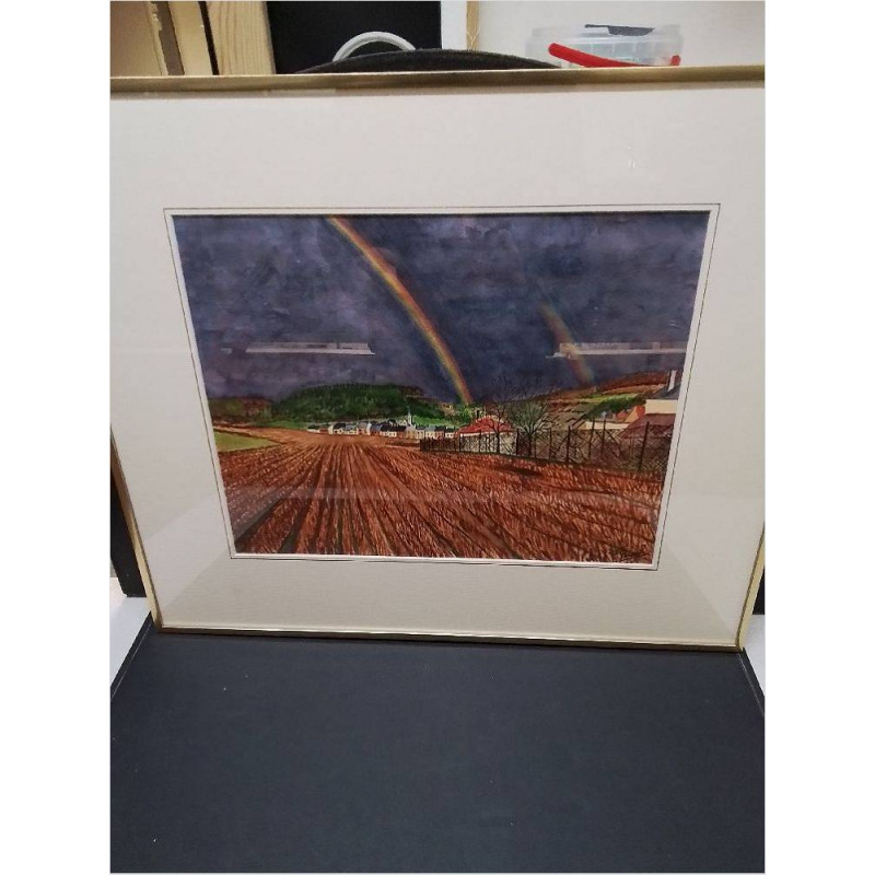 AQUARELLE ARTISTE LUXEMBOURGEOIS  F RISCH VUE DE TETANGE