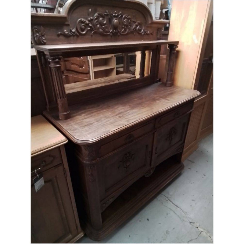 BUFFET DESSERTE MIROIR BISEAUTÉ CHÊNE SCULPTÉ 