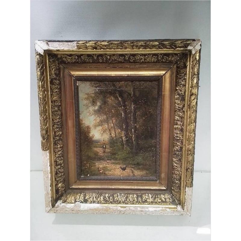 HUILE SUR TOILE ENCADREMENT DORÉ HOMME EN FORÊT 