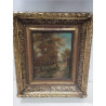 HUILE SUR TOILE ANCIENNE ENCADREMENT DORÉ FEMME ET ENFANT EN FORÊT 