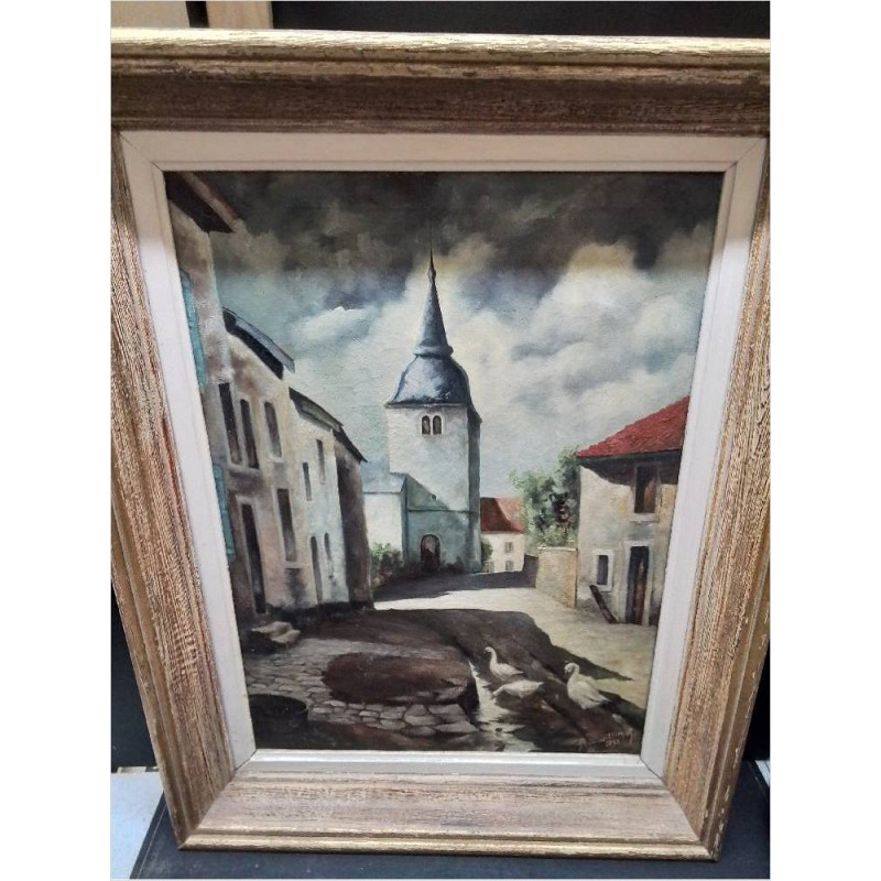 HUILE SUR TOILE VILLAGE CLOCHER SIGNÉ
