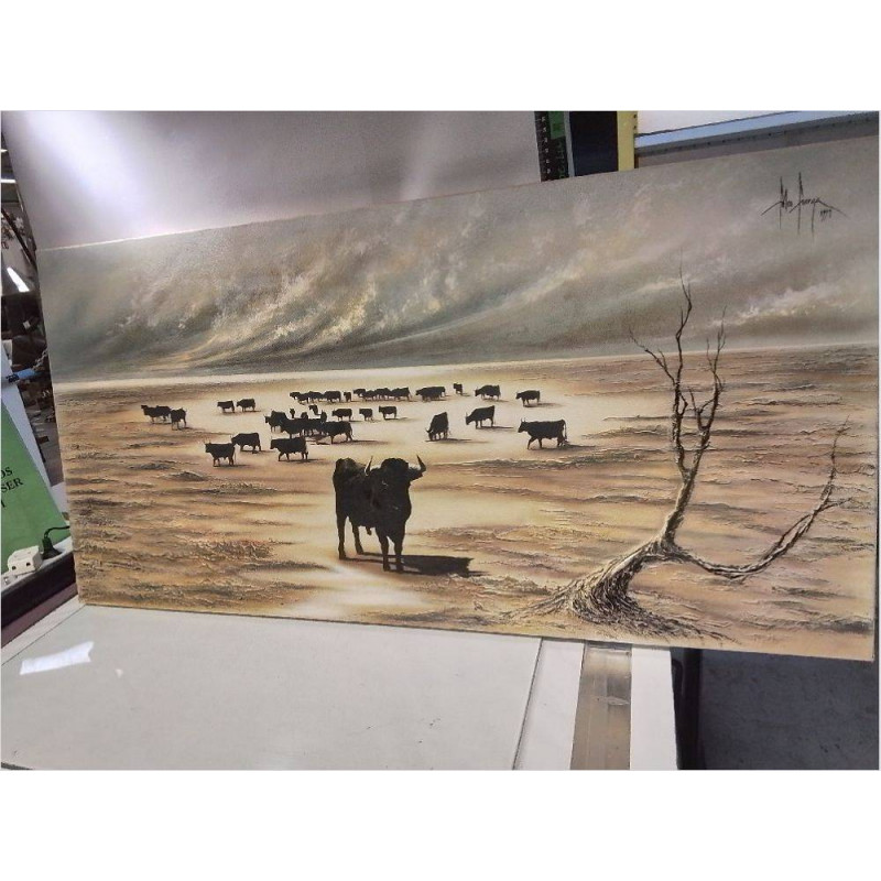 HUILE SUR TOILE TAUREAUX SIGNÉE 