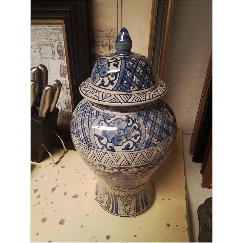 VASE COUVERT CÉRAMIQUE DECOR BLEU