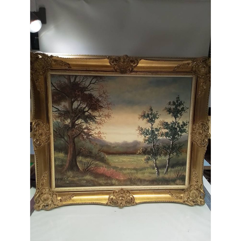 HUILE SUR TOILE SIGNÉE ERNEST SCENE DE CAMPAGNE ENCADREMENT DORÉ 