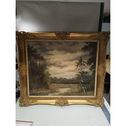 HUILE SUR TOILE SIGNÉE ERNEST SCENE DE CAMPAGNE ENCADREMENT DORÉ 