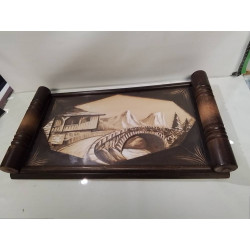 PLATEAU BOIS SCULPTÉ ET VERRE