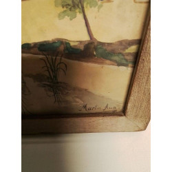 AQUARELLE AU BORD DU RUISSEAU SIGNEE
