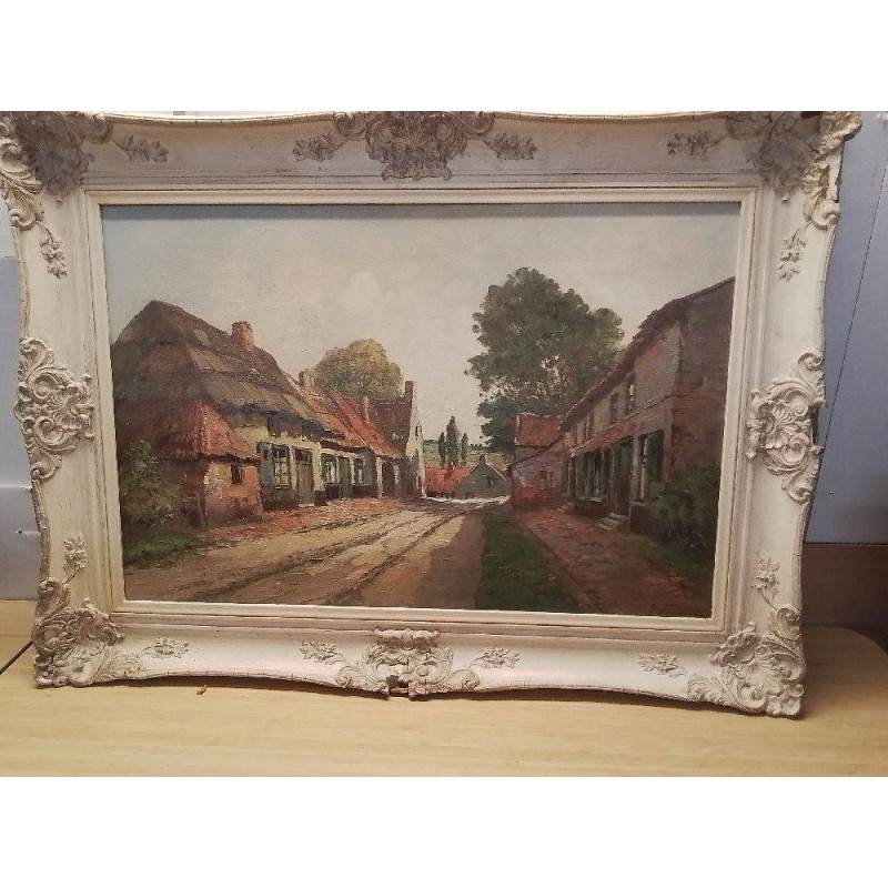 HUILE SUR TOILE RUE DE VILLAGE SIGNÉE 