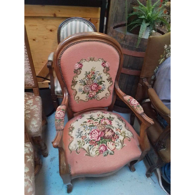 FAUTEUIL ANCIEN MOTIFS FLEURS TON ROSE 