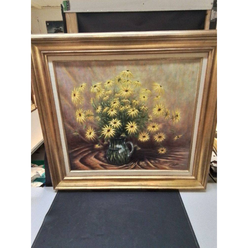 HUILE SUR TOILE FLEURS JAUNE SIGNÉ 