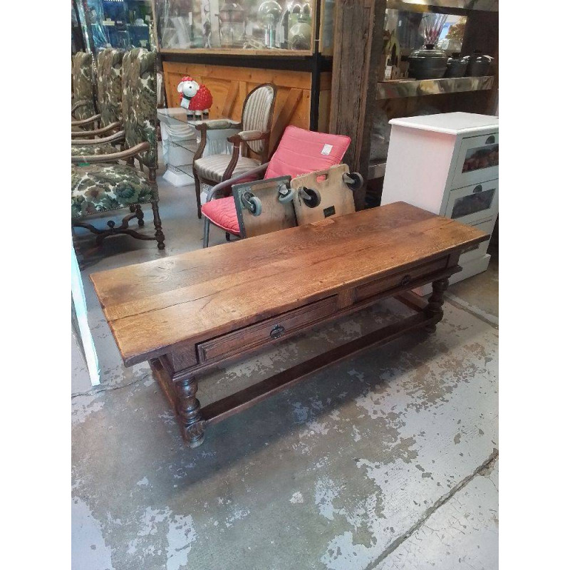 TABLE BASSE CHENE MASSIF 2 TIROIRS 