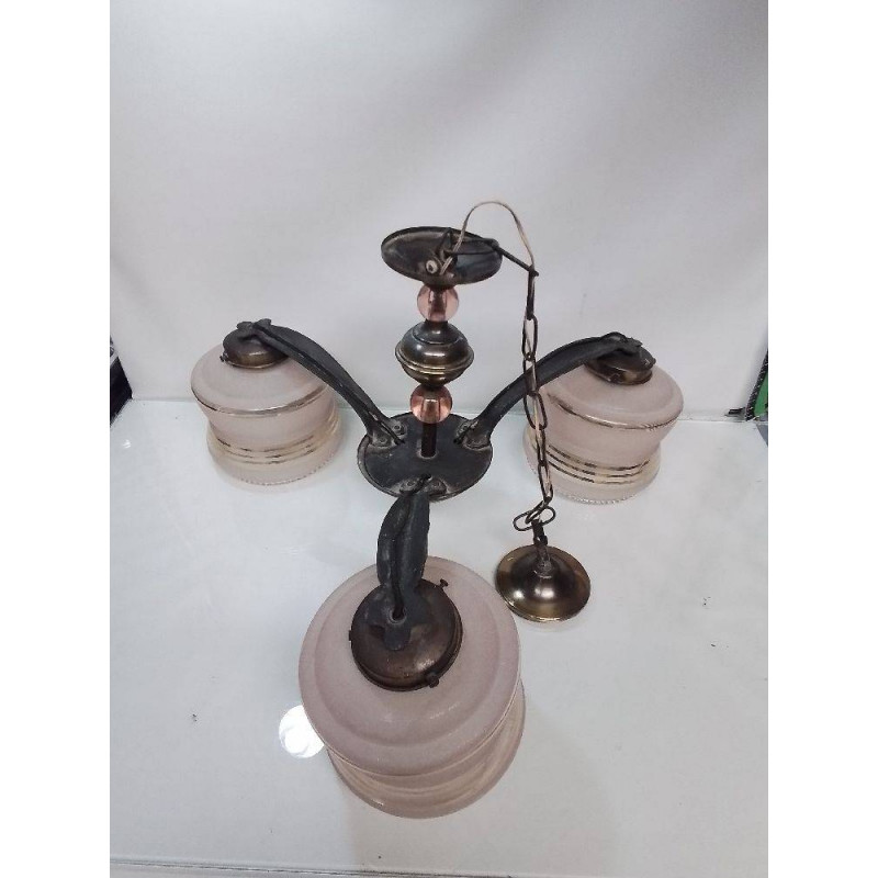 SUSPENSION ANCIENNE 3 BRANCHES GLOBES ROSES