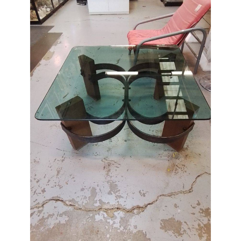 TABLE BASSE FER FORGE ET CHÊNE PLATEAU VERRE 