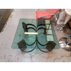TABLE BASSE FER FORGE ET CHÊNE PLATEAU VERRE 