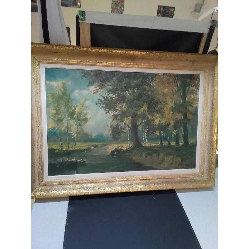 HUILE SUR TOILE SIGNÉE VAN HUTT PAYSAGE FORÊT 