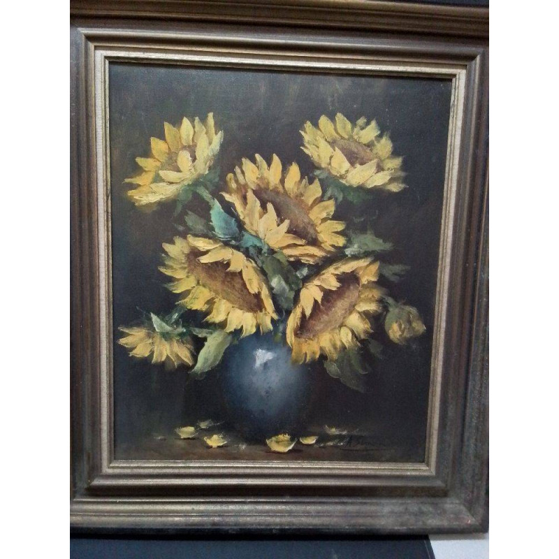 HUILE SUR TOILE NATURE MORTE TOURNESOLS SIGNÉE 