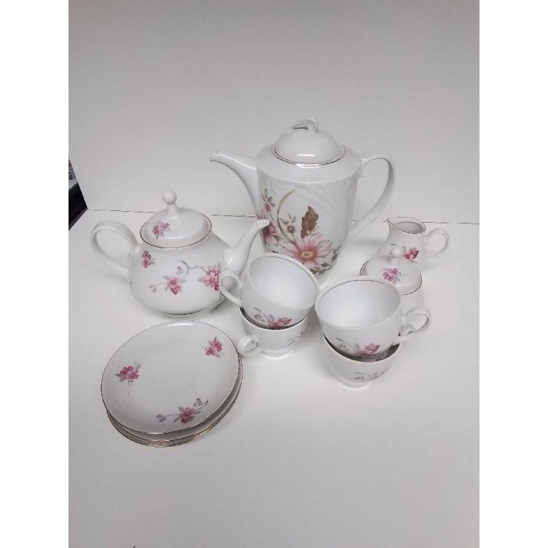 SERVICE A CAFE MOTIF FLEURS ROSE BORD DOREE