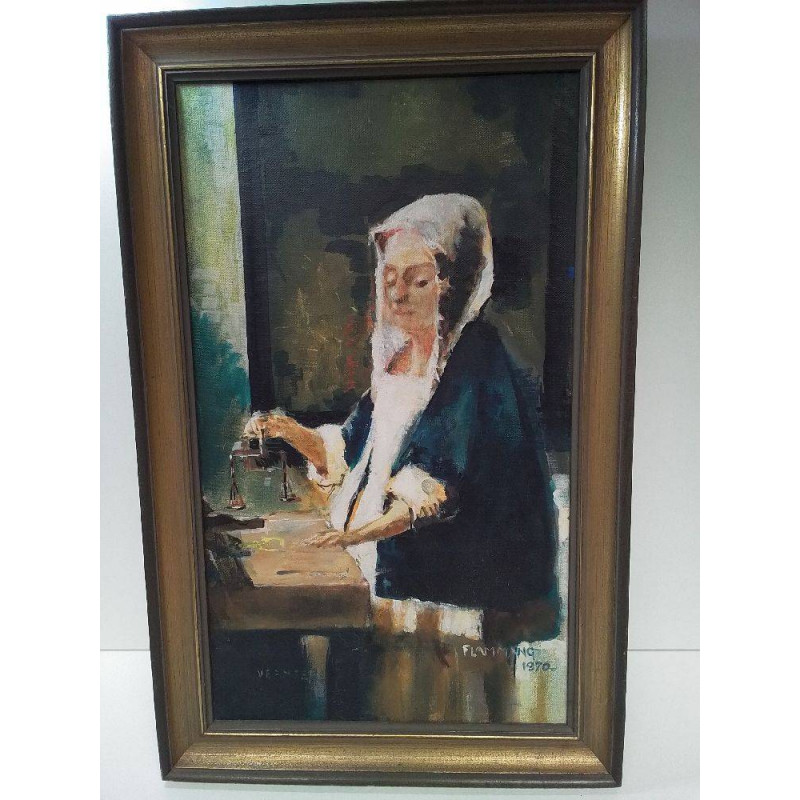 HUILE SUR TOILE LA FEMME A LA BALANCE SIGNÉE FLAMMANG