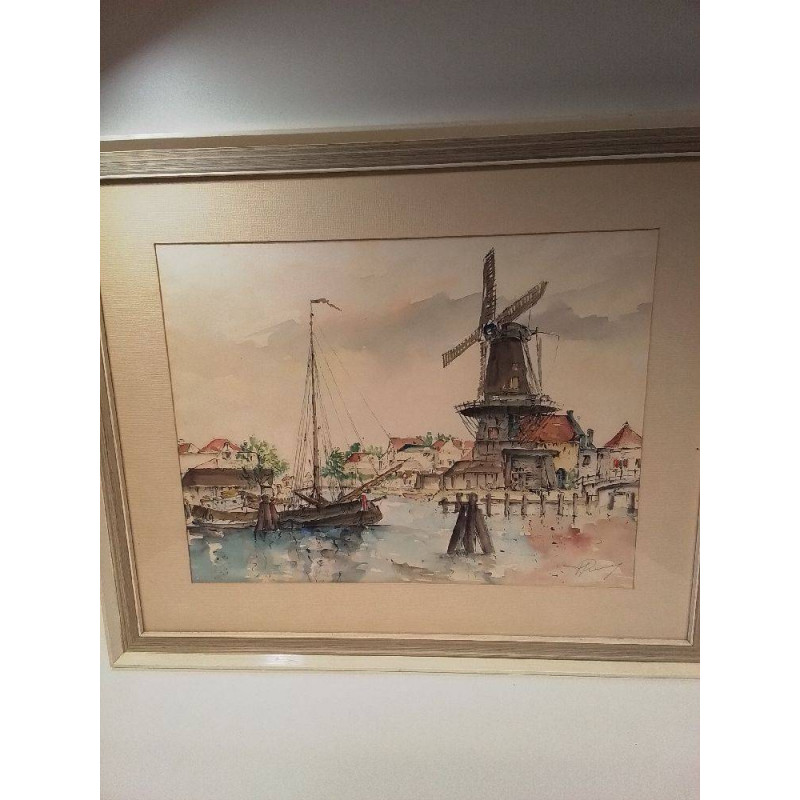 AQUARELLE PAYSAGE HOLLANDAIS 