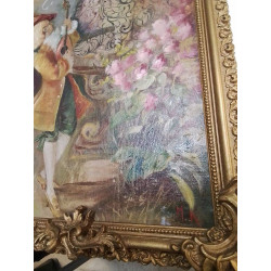 HUILE SUR TOILE ANCIENNE CADRE STYLE LOUIS XV DORÉ EN L’ETAT