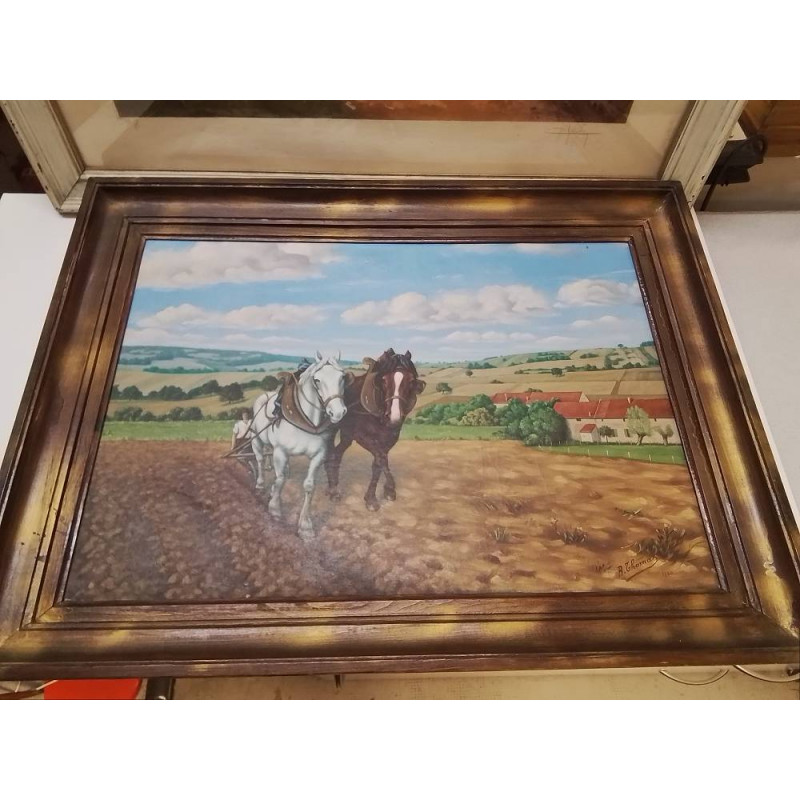 HUILE SUR TOILE CHEVAUX R. THOMAS 1950