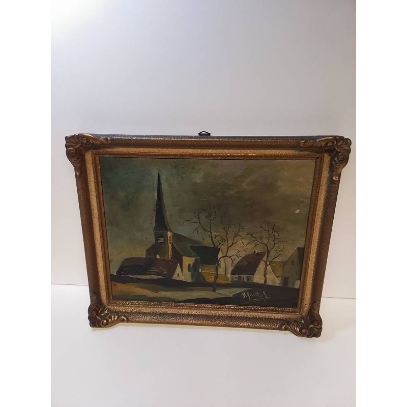 HUILE SUR PANNEAU SIGNÉE VUE EGLISE 