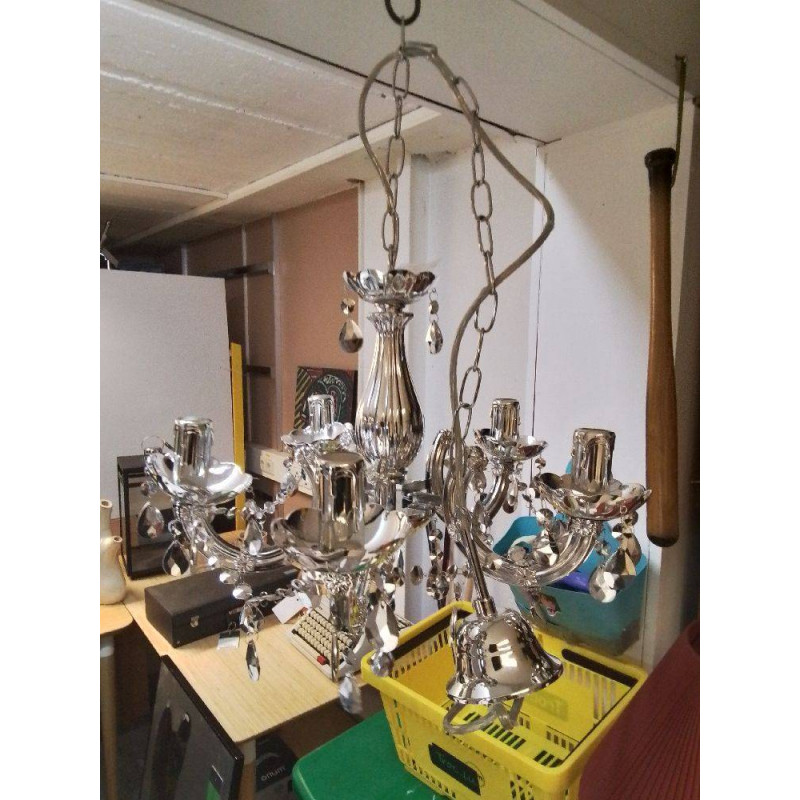 LUSTRE 5 BRANCHES GRIS A PAMPILLES 