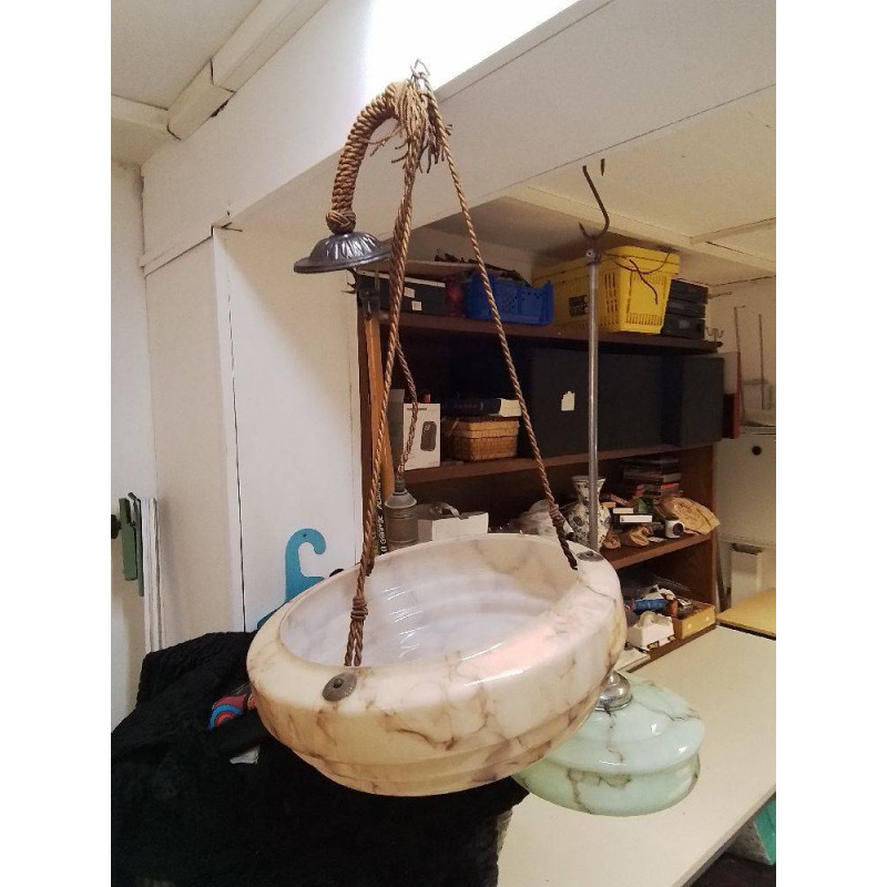 SUSPENSION VINTAGE CORDE ET VERRE MARBRÉ 