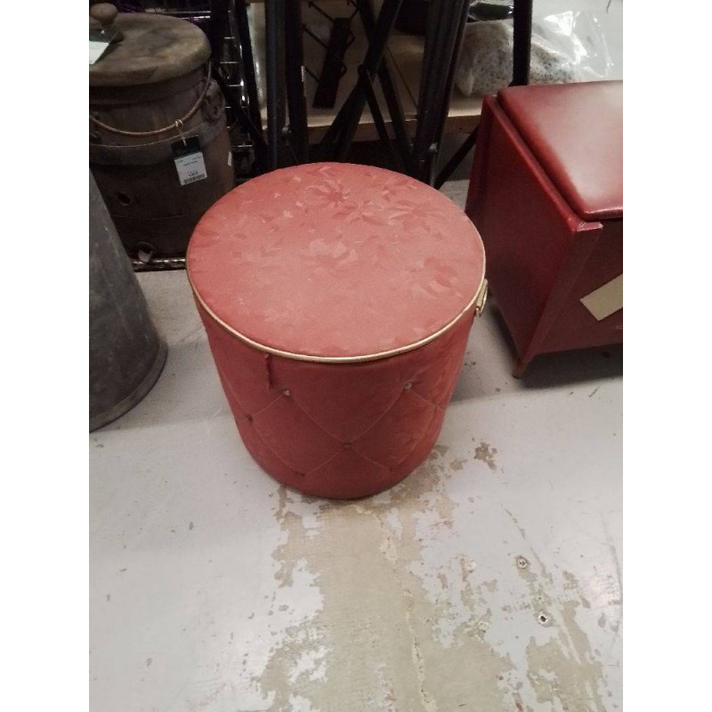 POUF COFFRE VINTAGE ROND TISSUS ROUGE 