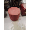 POUF COFFRE VINTAGE ROND TISSUS ROUGE 