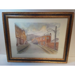 AQUARELLE RUE TRAMWAY SIGNÉE 