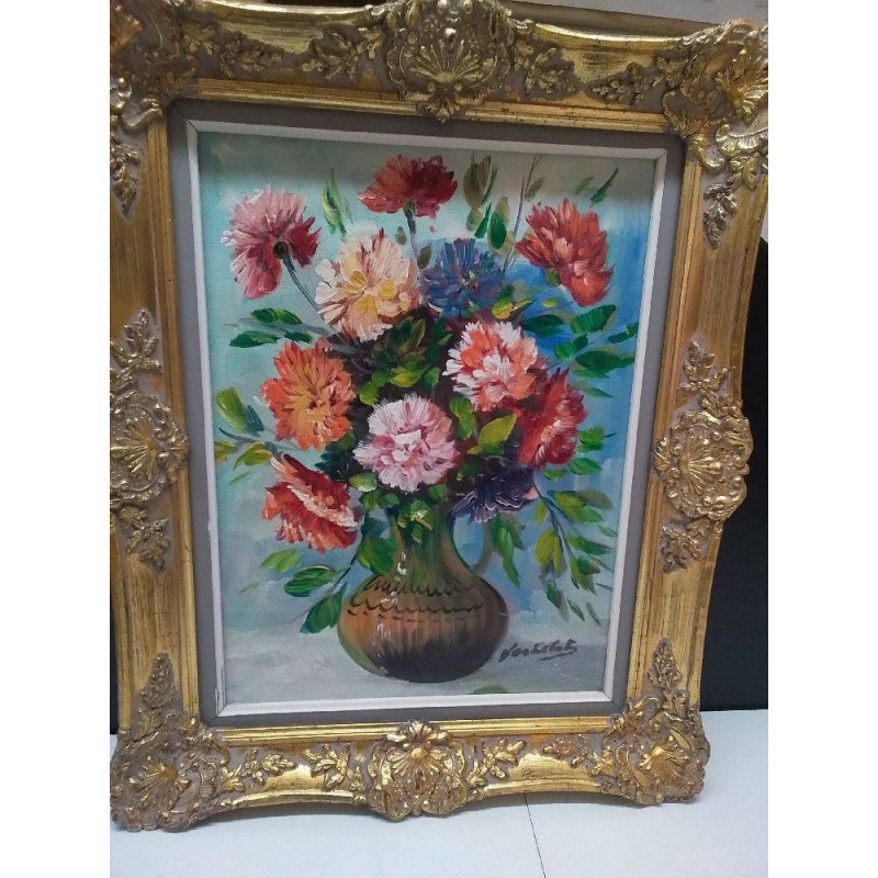HUILE SUR TOILE BOUQUET CADRE DORÉ 