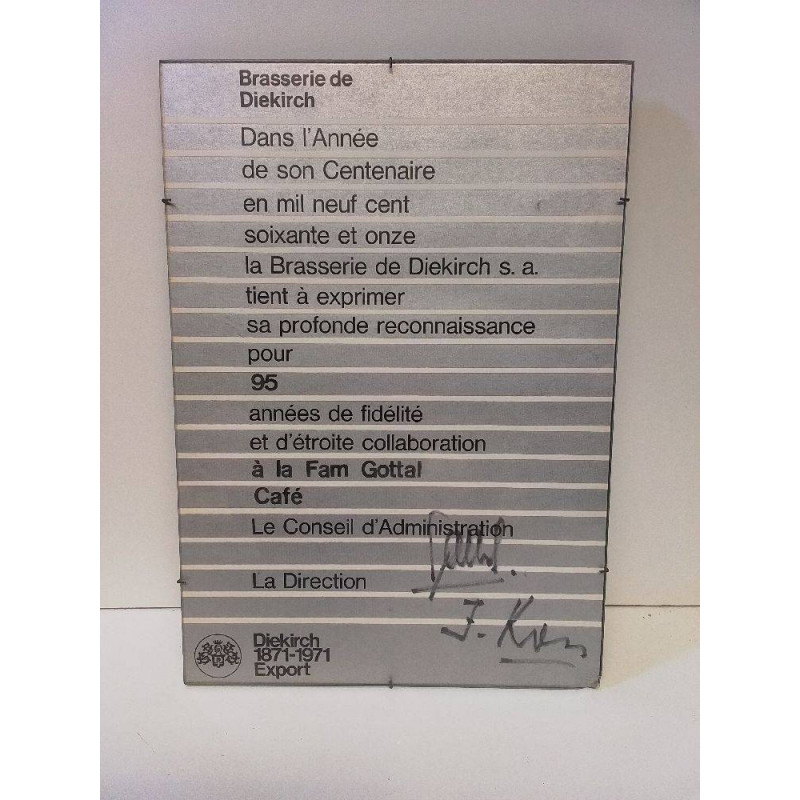 PLAQUE BRASSERIE DIEKIRCH REMERCIEMENTS FAM GOTTAL 